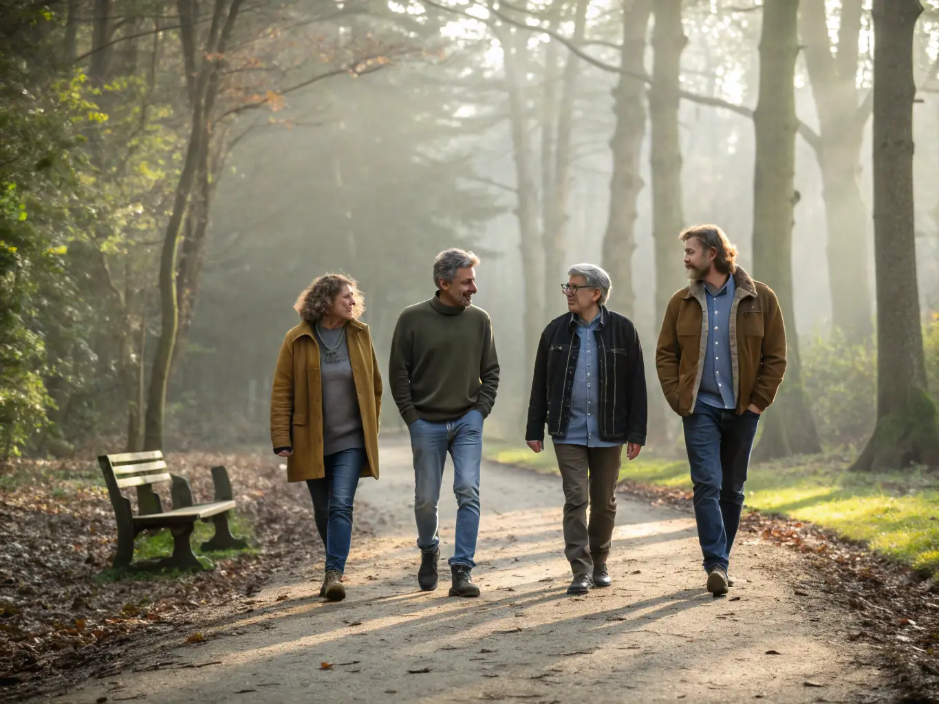 A serene image of a diverse group of people walking together on a path through a lush garden, symbolizing the journey of mental wellness and support provided by Pavilion Pathways.
