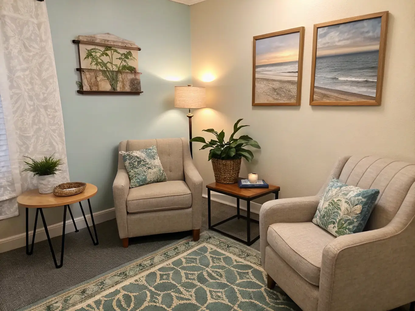 An image of a modern and comfortable therapy room at Pavilion Pathways, designed to create a safe and welcoming environment for clients to explore their mental health and well-being.